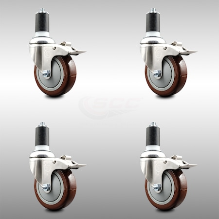 Service Caster 4 Inch 316SS Maroon Poly Swivel 1-1/2 Inch Expanding Stem Caster Set Lock Brake SCC-SS316TTLEX20S414-PPUB-MRN-112-4